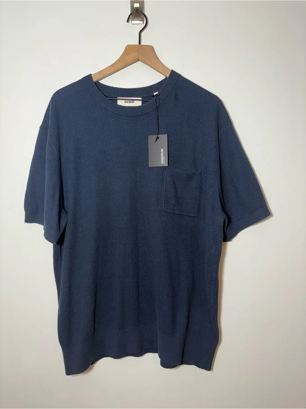 Buck Mason Yuma Hemp Ribbed Knit Pocket Tee Washed Navy Mens XL $128 Retail